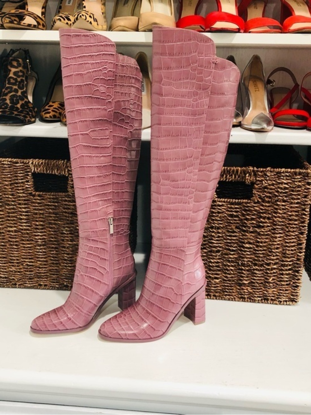 Marc Fisher Pink Croc-Embossed Over-the-Knee Block Heel Boots